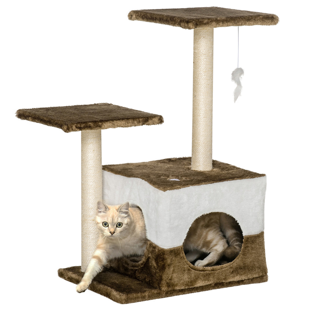 Árvore Arranhadora para Gatos Altura 70cm com Caverna de Pelúcia Suave 2 Plataformas Postes Arranhadores de Sisal Natural e Brinquedo Suspenso 45x33x70cm Marrom Café — foto 1
