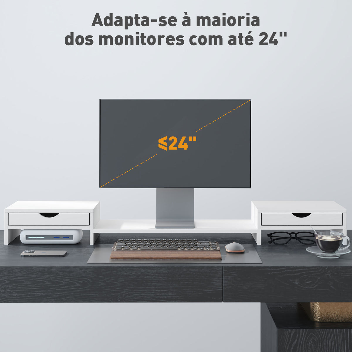 Suporte para Monitor com Ângulo e Comprimento Ajustável Suporte para Monitor com 2 Gavetas para Escritório Suporte para Monitor Portátil 60-116x22x12 cm Branco — foto 7
