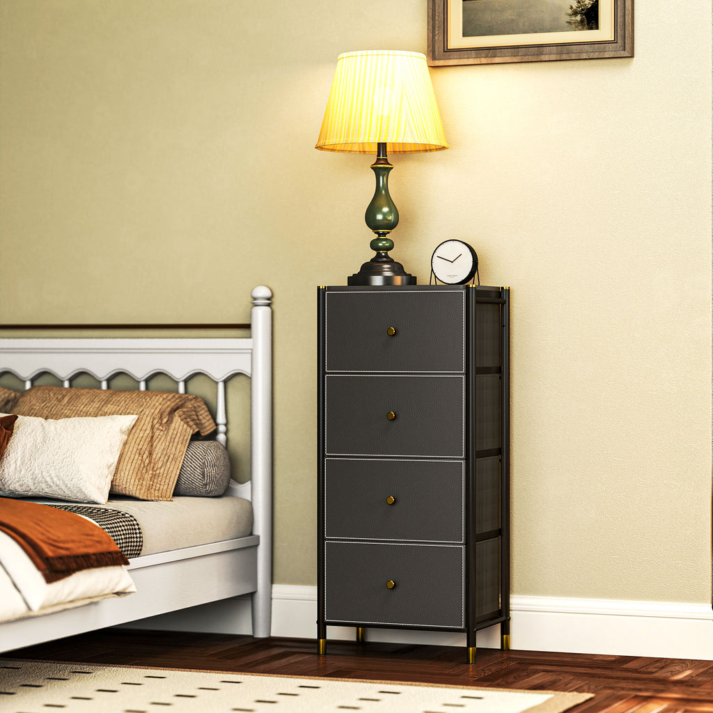 Cómoda para Dormitório Cómoda de Tecido com 4 Gavetas Dobráveis com Frentes de Couro PU e Estrutura de Aço Cómoda para Dormitório 46x30x98 cm Preto — foto 8
