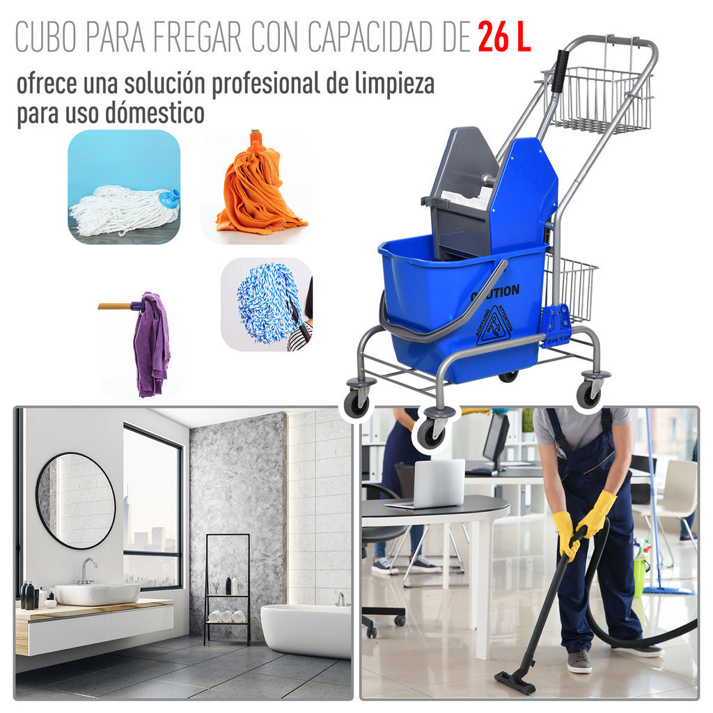 Carro de Limpeza Balde para Esfregona com Escorredor a Pressão Rodas e Cesto de Armazenamento Capacidade 26L 73x45x95 cm Azul — foto 6