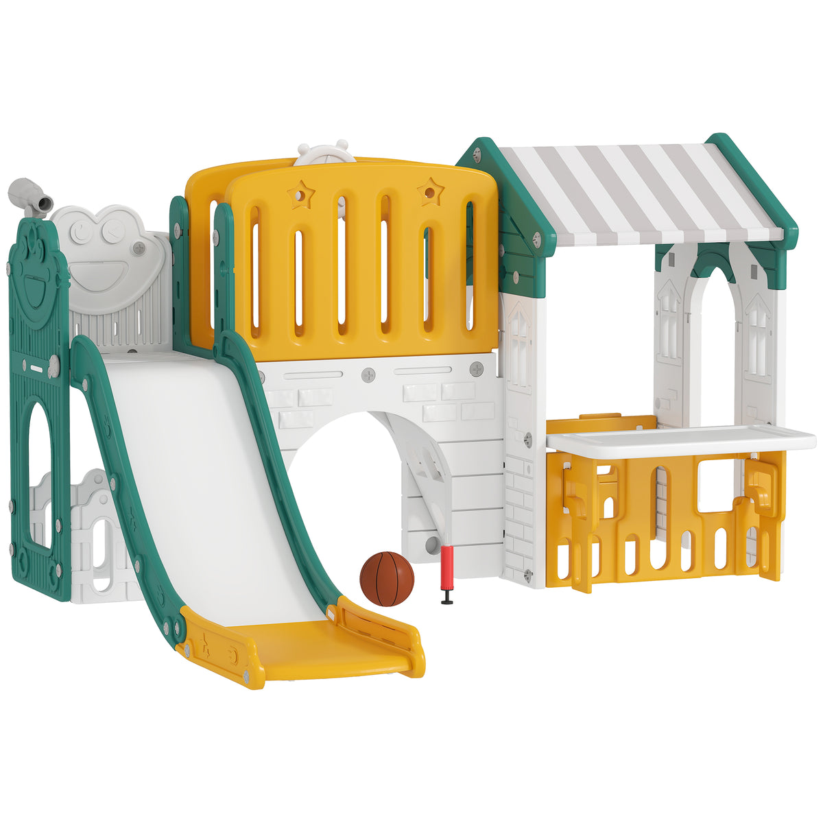 Escorrega Infantil 7 em 1 com Casinha para Crianças Escorrega com Escada Aro de Basquetebol Túnel Quadro Telescópio para Interior 189x180x111 cm Amarelo e Verde — foto 1