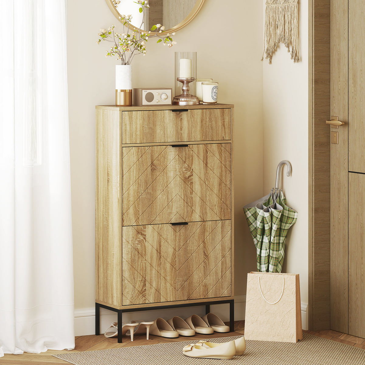 Sapateira Estreita com 2 Portas Sapateira para Entrada com Gaveta e Prateleiras Ajustáveis para 8 Pares de Sapatos 60x24x105,5 cm Madeira — foto 2