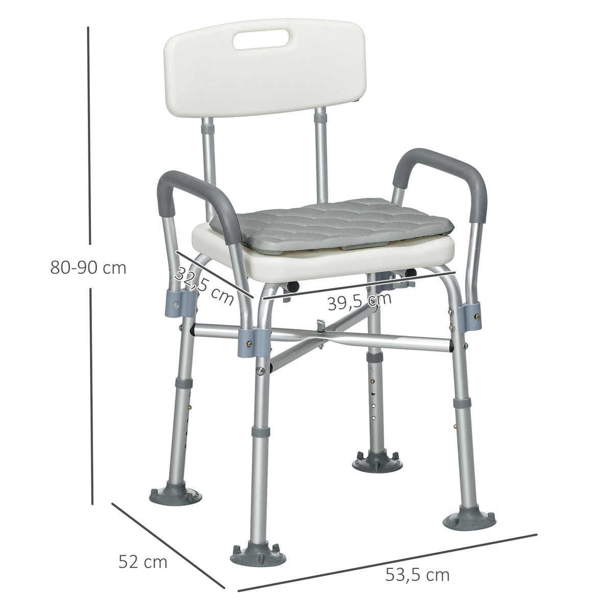 Cadeira de Duche para Idosos com Encosto Apoios de Braço Altura Ajustável Almofada Acolchoada Removível Carga 136 kg para Idosos e Pessoas com Deficiência 53,5x52x80-90 cm Branco — foto 3