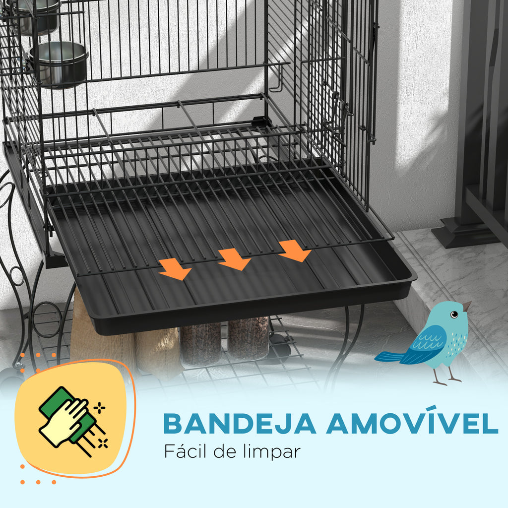 Gaiola para Pássaros com Rodas Gaiola para Pássaros com Bandeja Amovível Prateleira e 2 Comedouros de Aço Inoxidável e Poleiro para Periquitos Canários 51x51x153 cm Preto — foto 5
