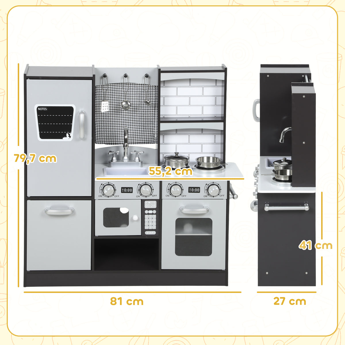 Cozinha de Madeira com Som Cozinha de Brincar Infantil com Acessórios em Aço Inoxidável Frigorífico Micro-Ondas, Lava-Loiça Brinquedos para Crianças a partir dos 3 Anos 81x27x79,7 cm Castanho Escuro — foto 3