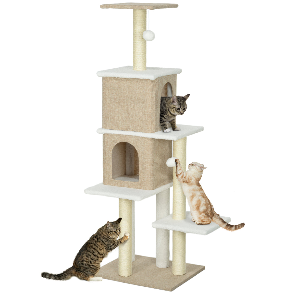 Arranhador para Gatos em Borrego Altura 140 cm Arranhador para Gatos com 2 Cavernas Plataformas Bolas Suspensas e Poste de Sisal Marrom Claro — foto 1