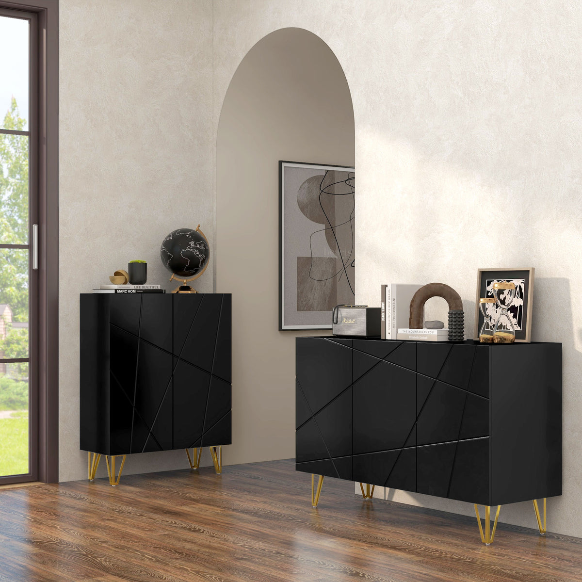 Aparador para Sala Aparador de Entrada com 3 Portas e Prateleiras Ajustáveis Armário de Armazenamento para Cozinha Sala 120x40x75 cm Preto Brilhante — foto 2