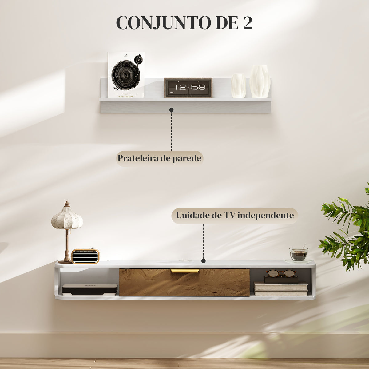 Conjunto de Móveis de Sala, Móvel de TV com Prateleira de Parede, Porta, Prateleiras Abertas, Orifícios para Cabos, para Televisão de Parede, 120x24x16 cm, Branco — foto 4