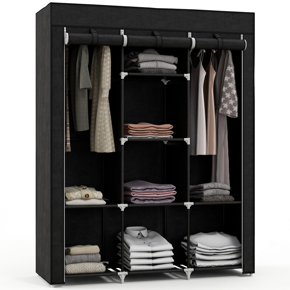 Roupeiro de Tecido Dobrável Armário Portátil com 8 Prateleiras de Armazenamento e 2 Barras de Pendurar Organizador de Roupa para Dormitório Vestidor 125x43x162,5 cm Preto — foto 1