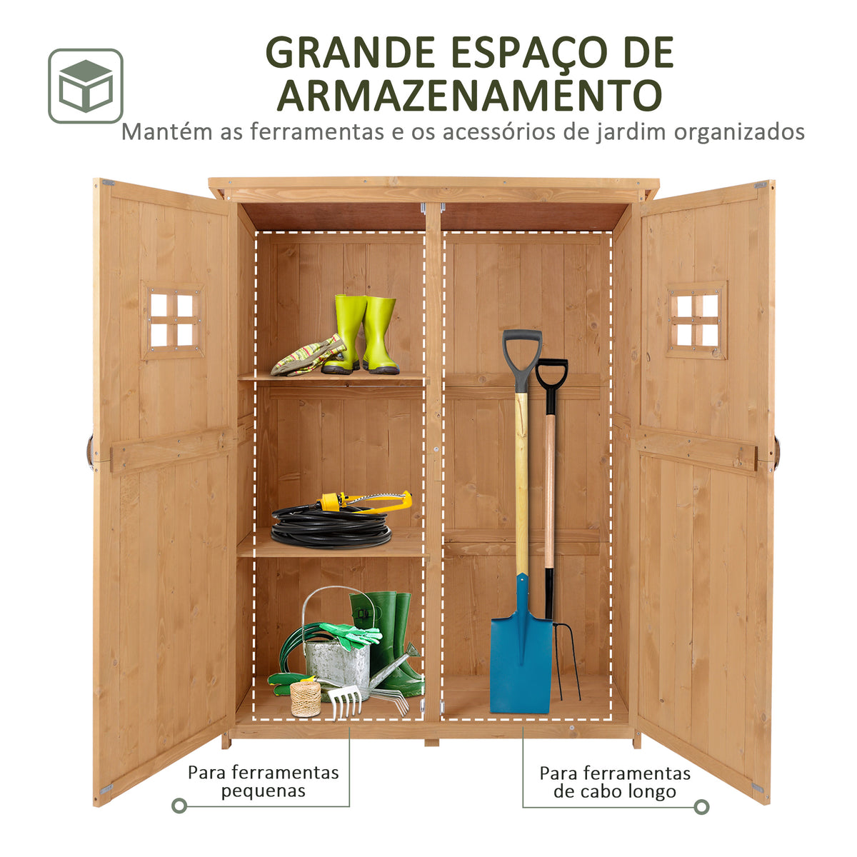 Abrigo de Jardim para Ferramentas Armário de Madeira para Exterior com Prateleira Dupla Porta Janelas e Teto Asfáltico 127,5x50x164cm Madeira — foto 4