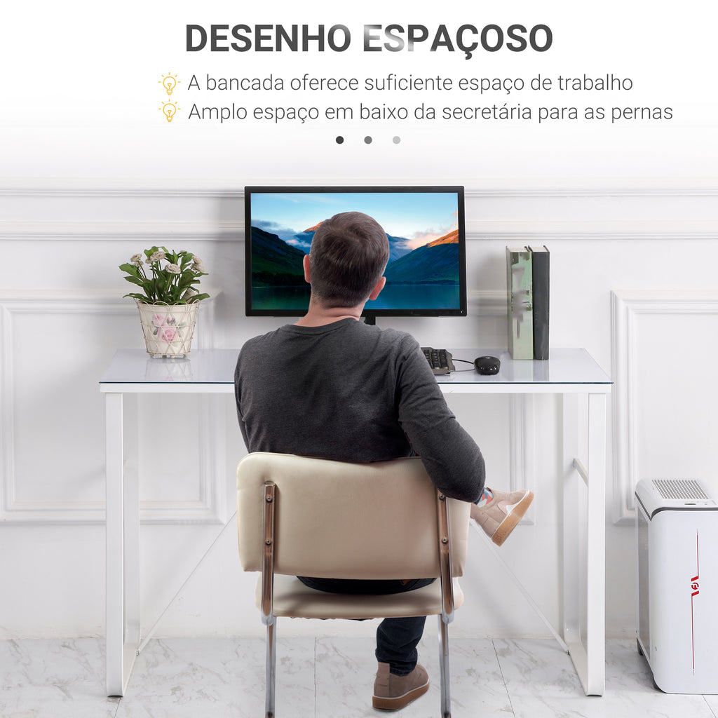 Secretária com Bancada de Vidro Temperado Carga Máxima 80kg Estilo Moderno para Escritório Estúdio Dormitório 120x60x74,5cm Branco — foto 5