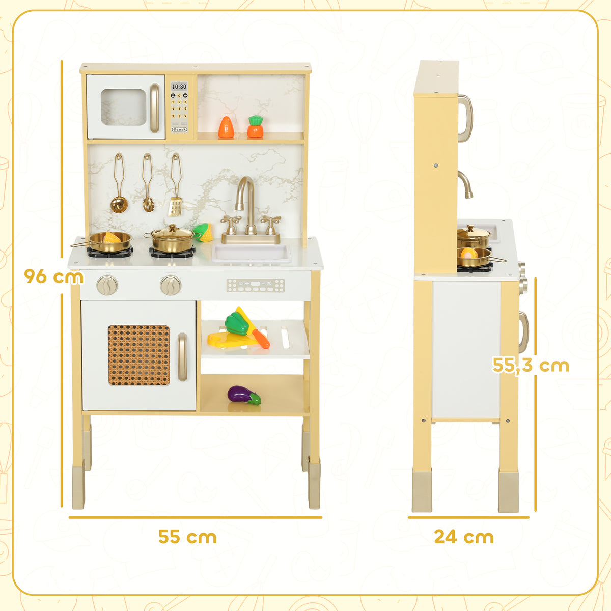 Cozinha de Brincar em Madeira com Som Cozinha Infantil com Acessórios em Aço Inoxidável Micro-Ondas Forno Lava-Loiças Legumes para Cortar para Crianças a Partir de 3 Anos 55x24x96 cm Dourado — foto 3
