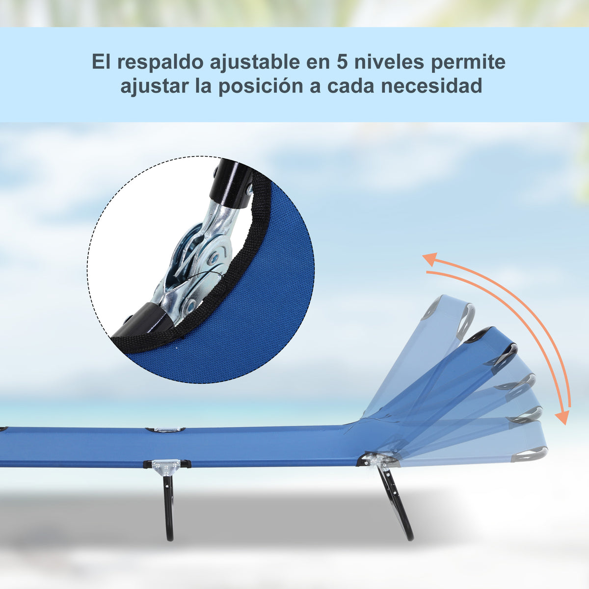 Espreguiçadeira Dobrável Reclinável com Ângulo Ajustável de 3 Posições para Exterior Carga 120 kg 188x56x28 cm Azul — foto 4