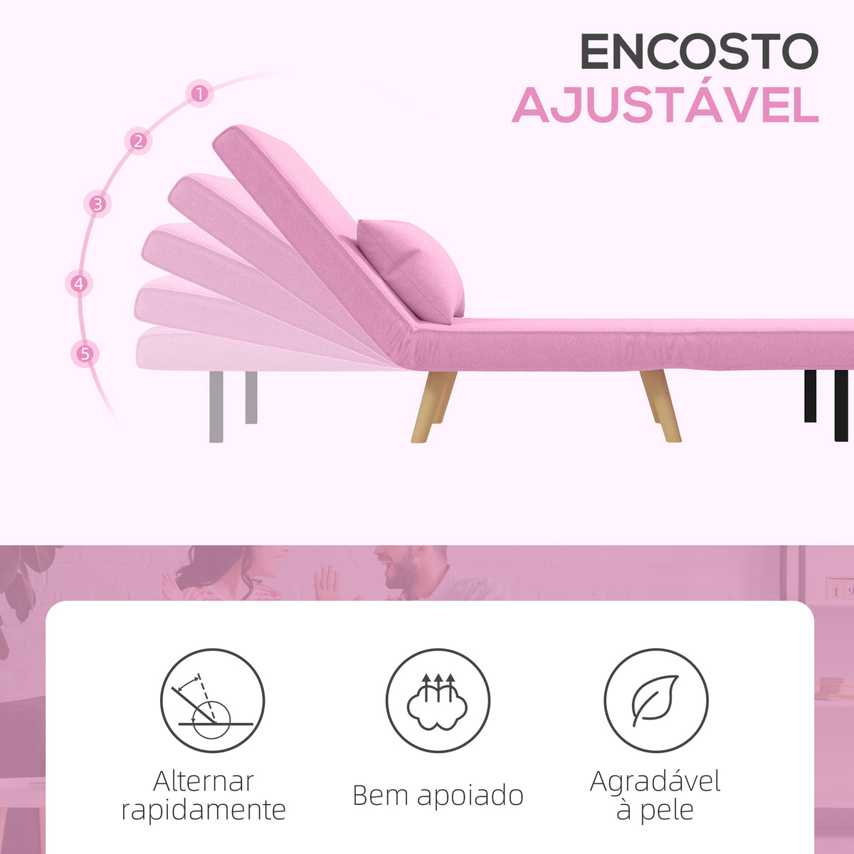 Sofá Cama Individual Sofá Cama Estofado em Linho com Encosto Ajustável em 5 Posições e Almofada Sofá Cama Pequeno para Sala de Estar 72x75x85 cm Rosa — foto 5