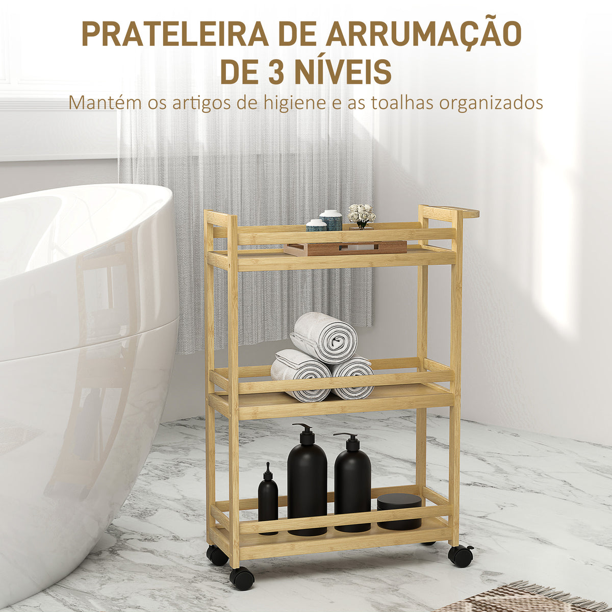 Carrinho para Casa de Banho de Bambu com 3 Níveis Carrinho de Arrumação com Rodas para Casa de Banho Cozinha 55x20x75 cm Madeira — foto 4