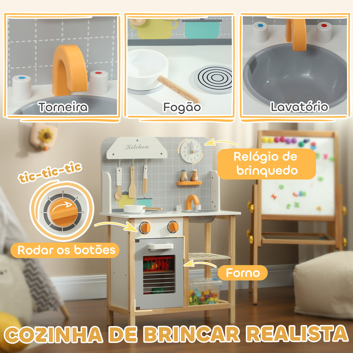 Cozinha de Brinquedo para Crianças acima de 3 Anos Cozinha Infantil de Madeira com Sons Fogão Forno Lavatório e Acessórios de Cozinha 57x26x82 cm Multicor — foto 4