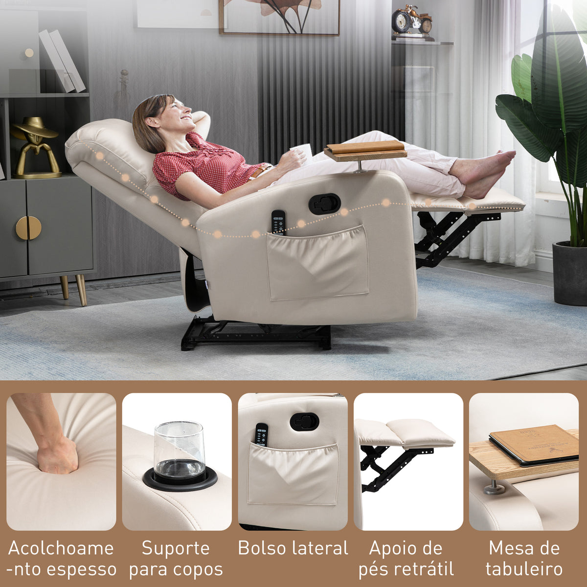 Poltrona de Massagem Poltrona Relax Elétrica com 4 Modos de Vibração Reclinação 145° Estofada em Microfibra Controlo Remoto Mesa 2 Bolsos Laterais e Suporte para Copos 77x93x105cm Bege — foto 8