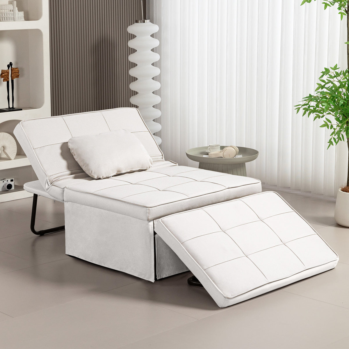 Sofá Cama Individual 3 em 1 Estofado em Linho Sofá Reclinável em 5 Posições com Apoio para os Pés e Apoio para a Cabeça para Sala de Estar Carga Máxima 200kg 95x189x43 cm Branco Gelo — foto 2