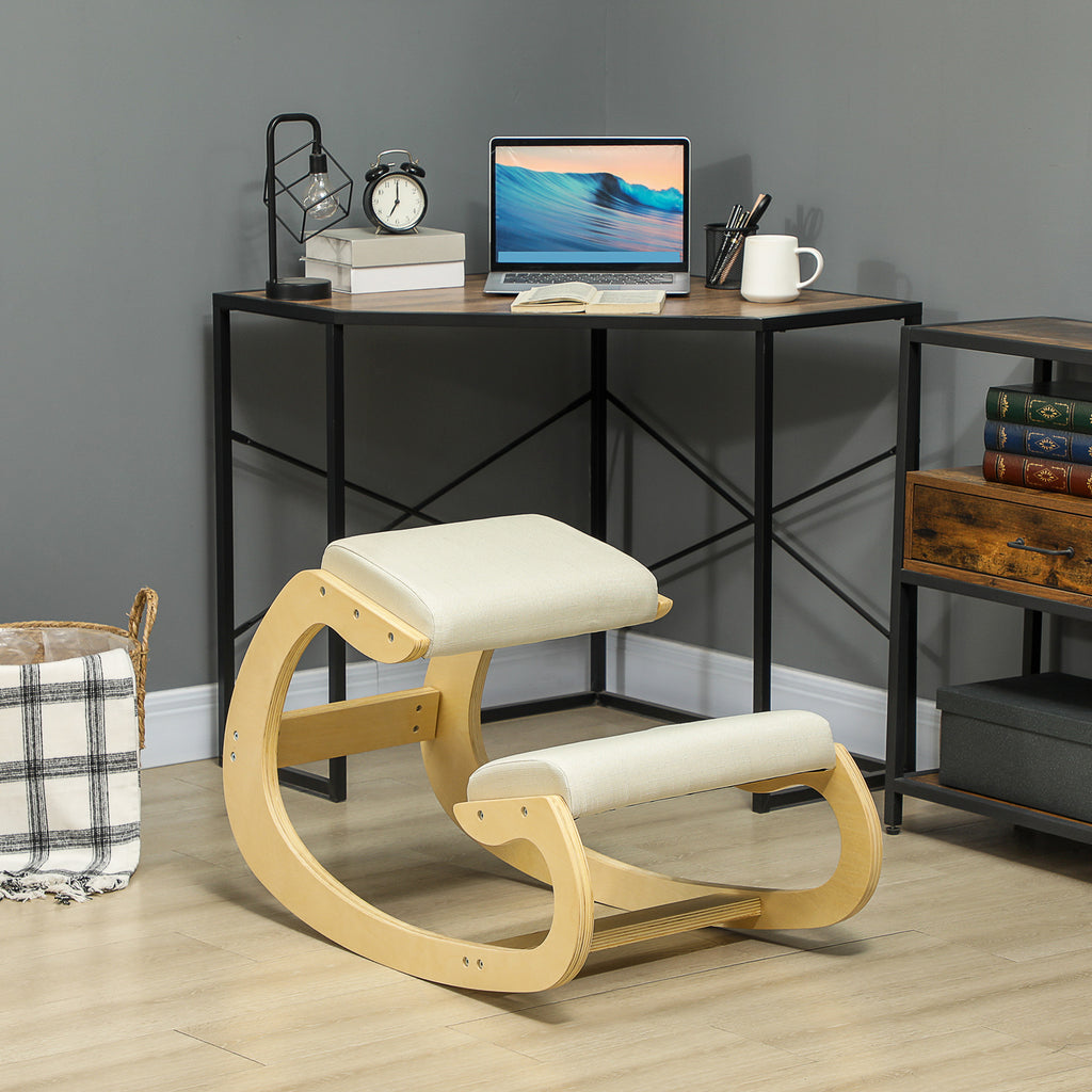 Cadeira Ergonómica de Joelhos com Almofadas Acolchoadas Estrutura de Madeira para Melhor Postura Escritório 55x85x55 cm Creme — foto 2