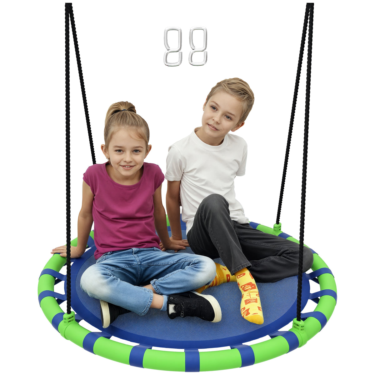 Baloiço para Crianças Redondo Baloiço de Jardim Infantil Ajustável Baloiço de Exterior para Crianças Impermeável Carga 150kg Ø100x180 cm Preto e Azul — foto 1
