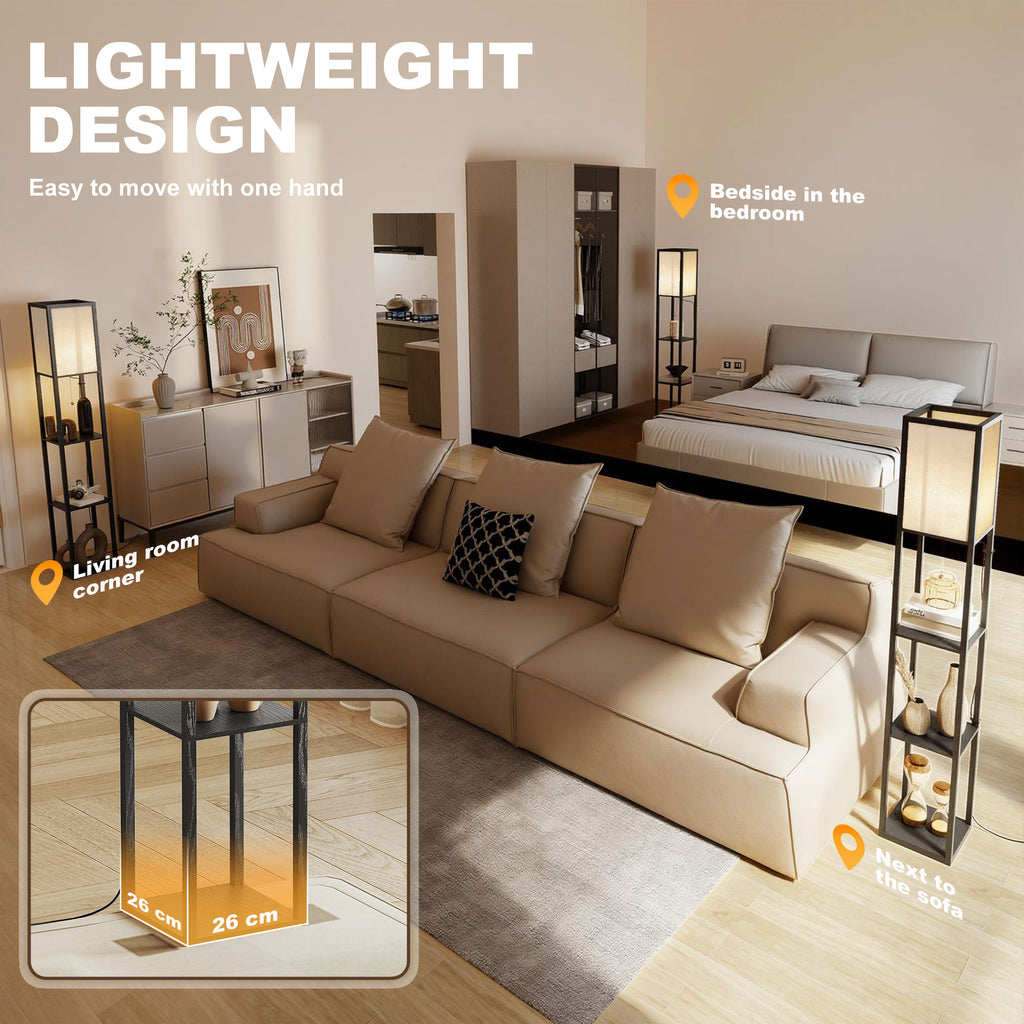 Candeeiro de Pé de Madeira com 3 Prateleiras De Armazenamento para Lâmpada E27 Potência Máx. 40W Candeeiro Moderno para Sala de Estar Dormitório 26x26x160cm Preto — foto 8