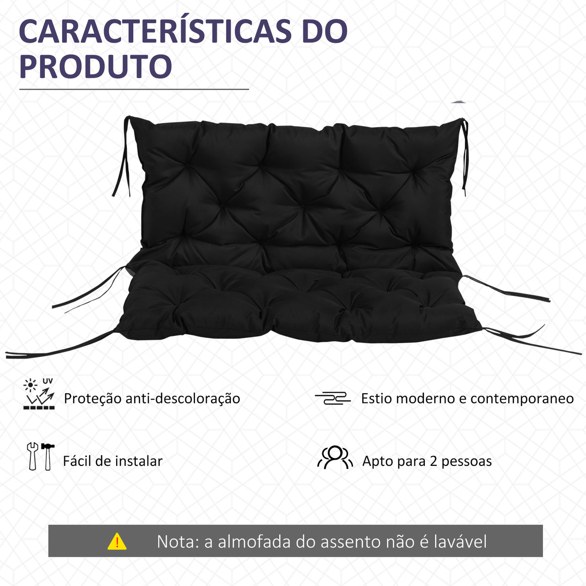 Almofada para Banco de Jardim com Encosto, 100x98x8 cm, Colchão de Banco de 2 Lugares para Interior e Exterior com Enchimento Espesso e Fitas de Fixação, para Baloiço, Terraço, Varanda, Preto — foto 5