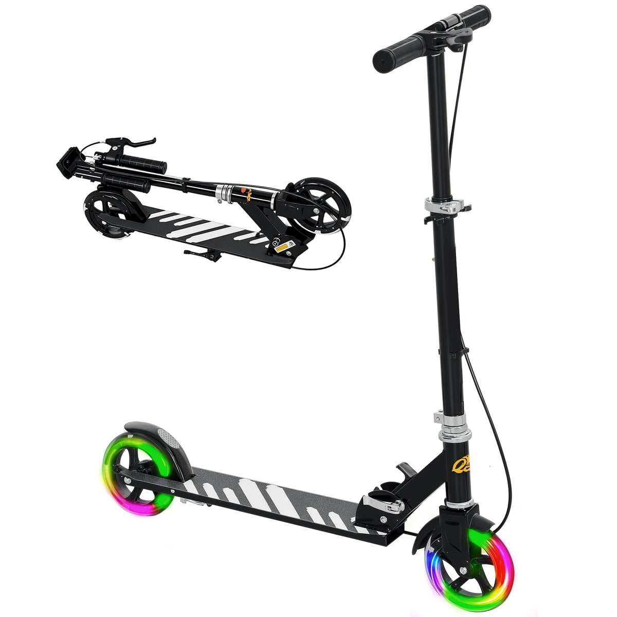 Trotinete Dobrável para Crianças de 3-8 Anos Trotinete Infantil de 2 Rodas com Luzes LED Guiador com 4 Alturas Ajustáveis Travão Traseiro e de Mão 73x36x73-89 cm Preto — foto 1