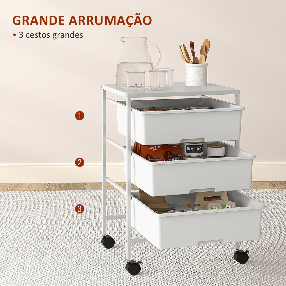 Carrinho Auxiliar com Rodas Carrinho de Cozinha de 3 Níveis com 3 Cestos para Armazenamento e Estrutura de Aço para Sala de Jantar Banheiro 40,8x33,5x60,5 cm Branco — foto 4