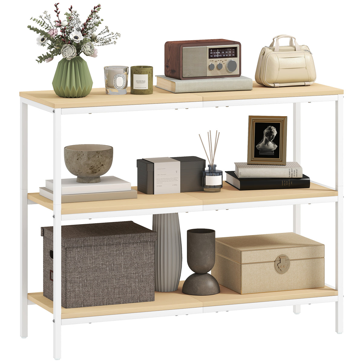 Mesa Consola Estreita Consola de Entrada Mesa de Entrada Moderna com 3 Prateleiras Abertas e Pés de Metal para Corredor Entrada Sala Dormitório 101x35x80 cm Madeira e Branco — foto 1