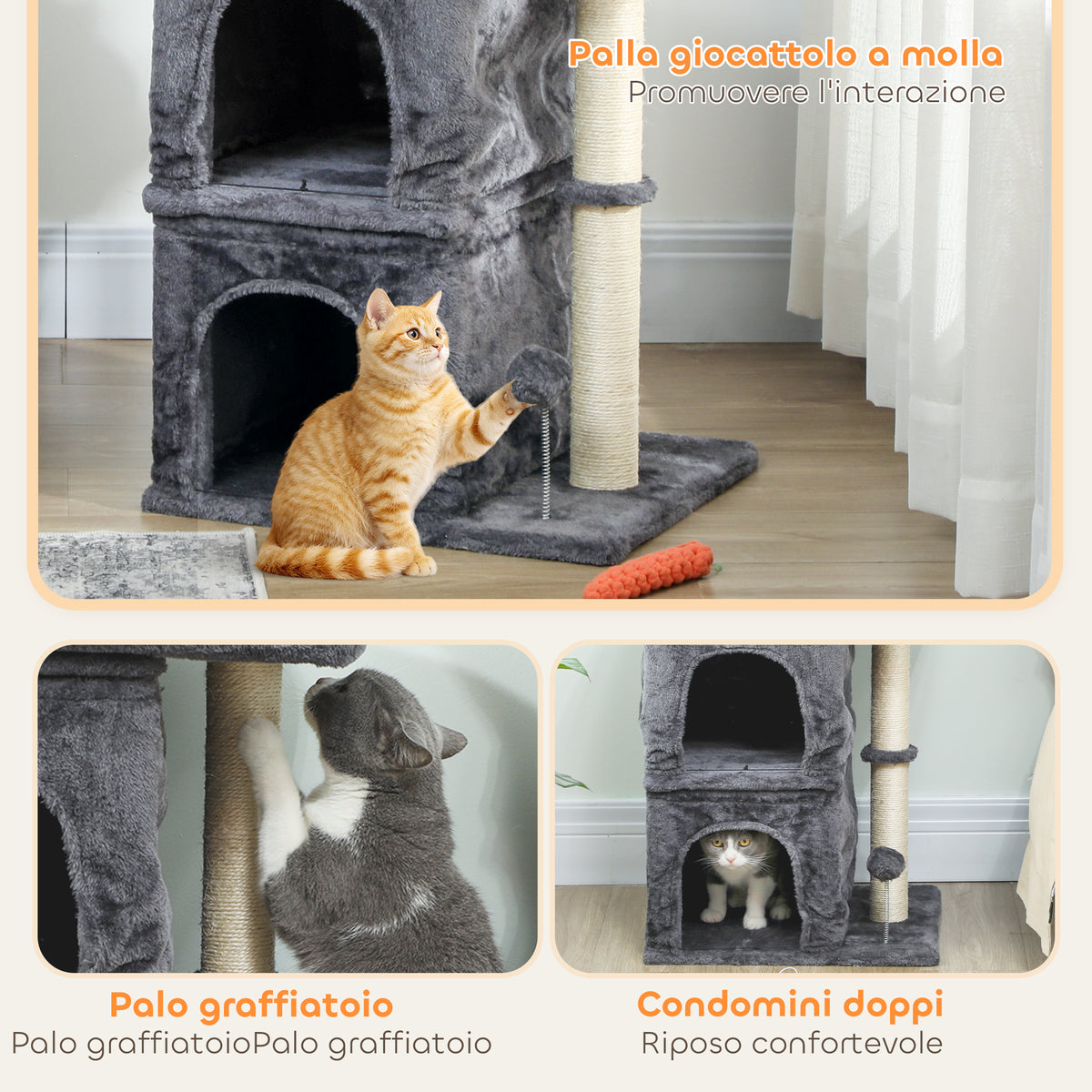 Arranhador para Gatos 66 cm Torre para Gatos com Cama 2 Cavernas Poste de Sisal e Bola para Brincar Cinzento Escuro — foto 5