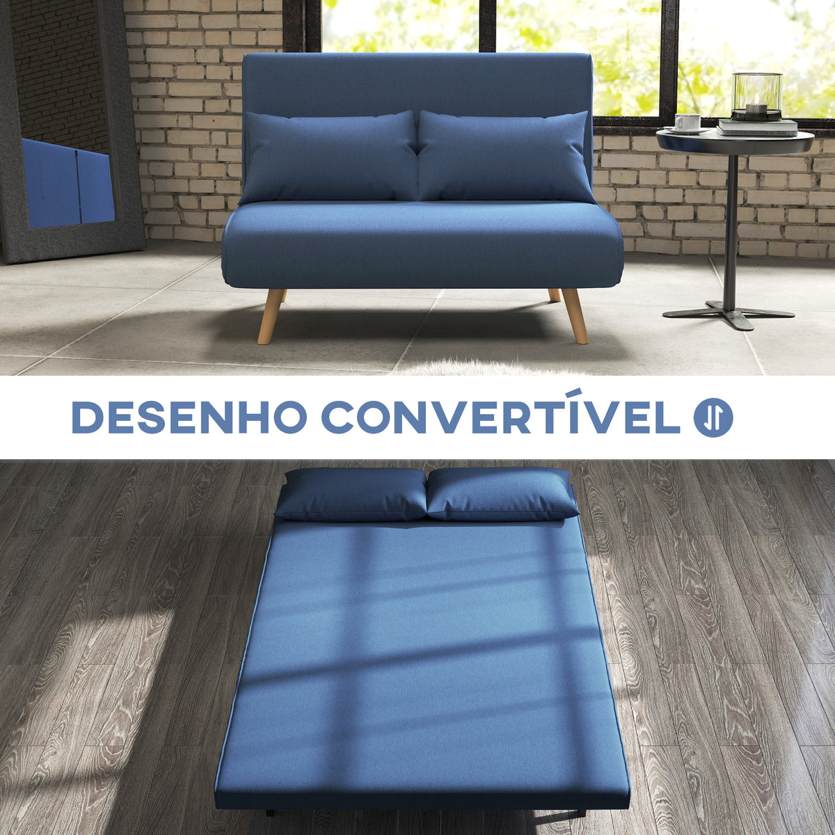 Sofá Cama de 2 Lugares Sofá Cama Dobrável Estofado em Linho com Encosto Ajustável em 5 Posições e 2 Almofadas Sofá Cama Pequeno para Sala de Estar 120x75x85 cm Azul Escuro — foto 4