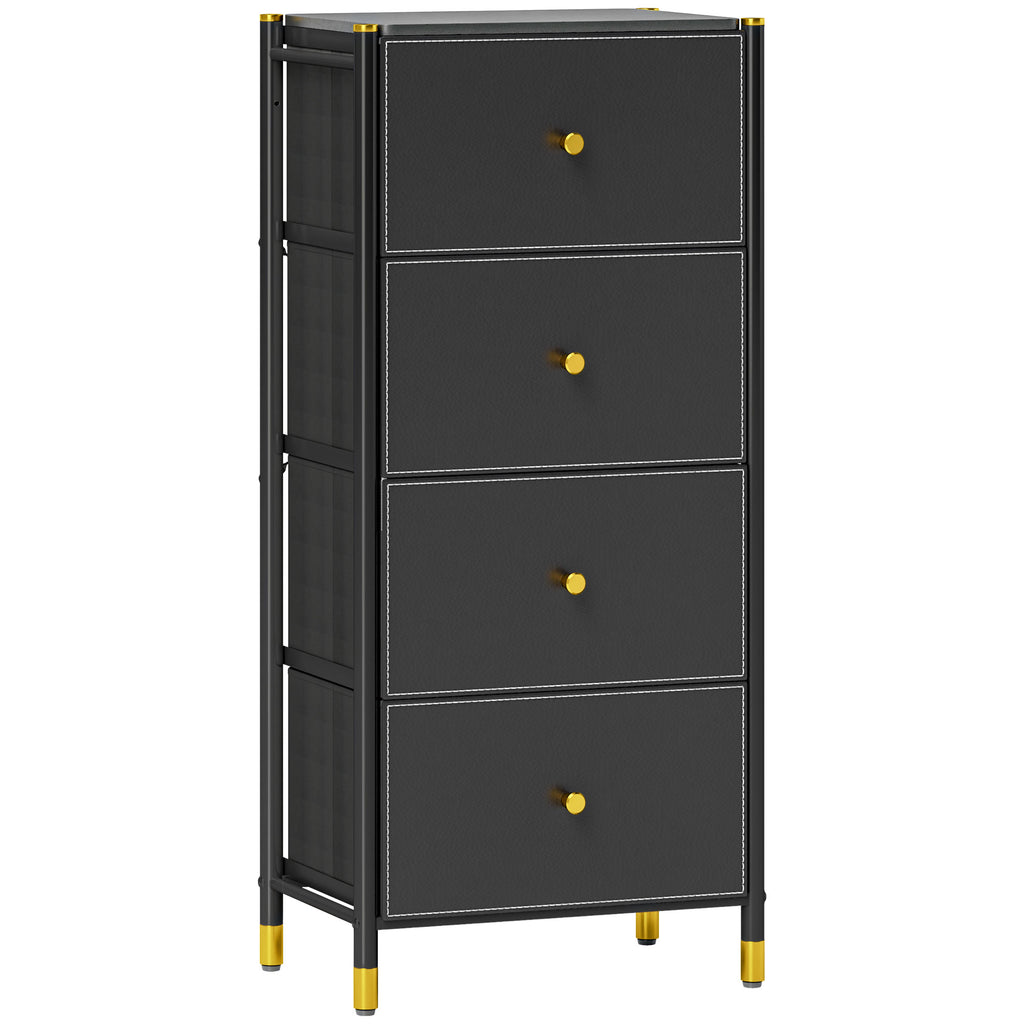 Cómoda para Dormitório Cómoda de Tecido com 4 Gavetas Dobráveis com Frentes de Couro PU e Estrutura de Aço Cómoda para Dormitório 46x30x98 cm Preto — foto 1