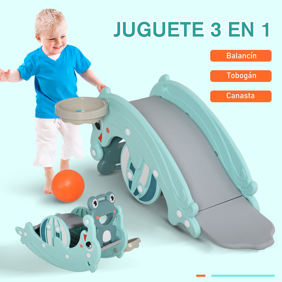 Balanço em forma de sapo 3 em 1escorrega em forma de golfinho e cesta de basquete Jogo multifuncional com superfícies suaves para crianças acima de 3 anos 72x34x47 cm Verde — foto 4
