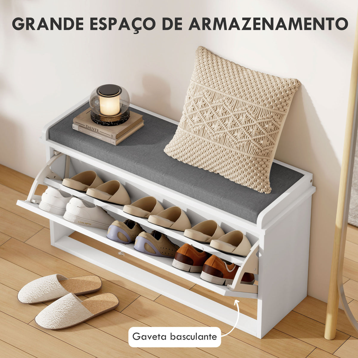 Banco Sapateira Moderno Móvel Sapateira com Banco de Madeira com Prateleiras Ajustáveis e Almofada Acolchoada para 8 Pares de Sapatos para Entrada Corredor 80x26x44,5 cm Branco — foto 4