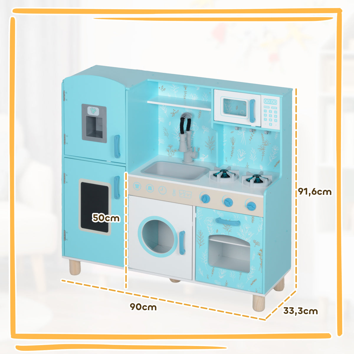 Cozinha de Madeira para Crianças acima de 3 Anos Cozinha Infantil com Sons Fogão Forno Micro-Ondas Máquina de Gelo e Acessórios 90x33,3x91,6 cm Azul — foto 3