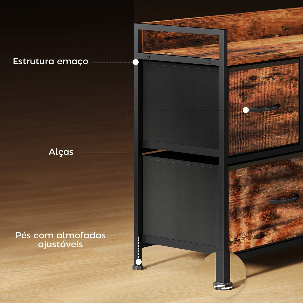 Cómoda com 5 Gavetas de Tecido Cómoda de Estilo Industrial com Estrutura Metálica para Sala de Estar Entrada Quarto 98x29x63 cm Castanho Rústico — foto 7
