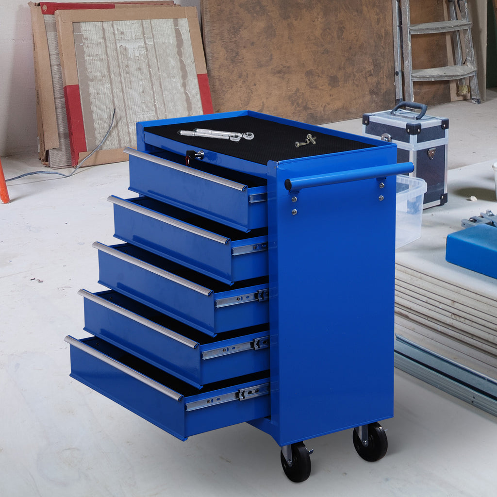 Carrinho de Ferramentas para Oficina com Rodas e 5 Gavetas Fechadura e Alça Lateral 67,5x33x77 cm Azul — foto 2