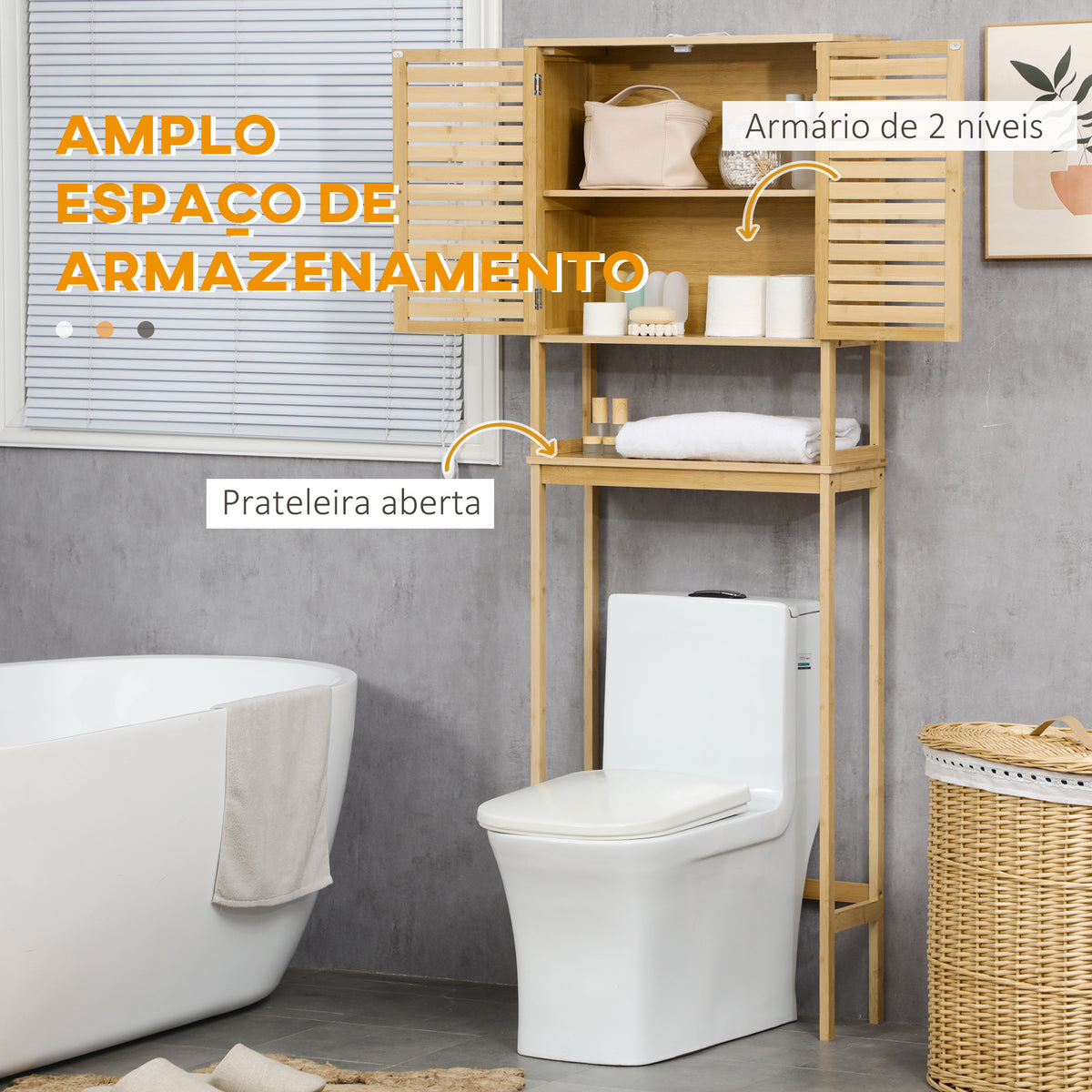 kleanklin Móvel de Bambú sobre Sanita Armário Alto para Casa de Banho com 2 Portas 1 Prateleira Interior e 1 Prateleira de Armazenamento 60x23x173cm Natural — foto 4
