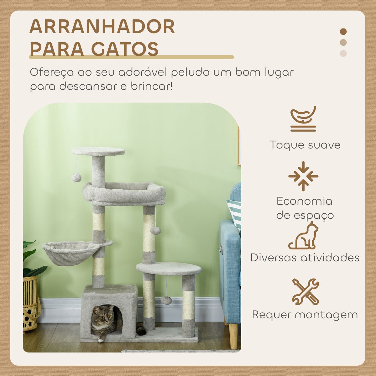 Arranhador para Gatos Altura 104 cm Arranhador para Gatos Torre de Escalada com Postes Arranhadores de Sisal Cova Plataformas e Bolas Suspensas 65x30x104 cm Cinzento Claro — foto 4