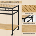 Carrinho Multifuncional com Rodas de Madeira Carrinho de Serviço com Bancada em Ripas 2 Prateleiras 3 Ganchos Carrinho para Jardim Varanda Pátio 107x65x80 cm Madeira — foto 6