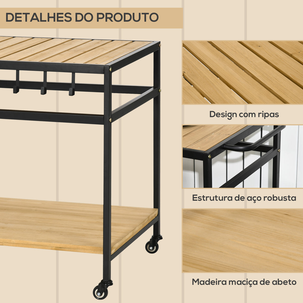 Carrinho Multifuncional com Rodas de Madeira Carrinho de Serviço com Bancada em Ripas 2 Prateleiras 3 Ganchos Carrinho para Jardim Varanda Pátio 107x65x80 cm Madeira — foto 6