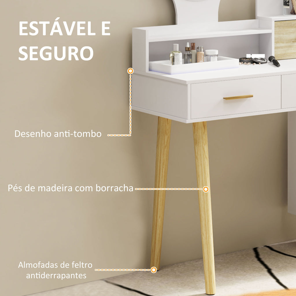 Toucador com Espelho e Luzes LED Ajustáveis Mesa de Maquilhagem Moderna com 5 Gavetas 4 Compartimentos e 1 Prateleira 100x44x137 cm Branco e Madeira — foto 6