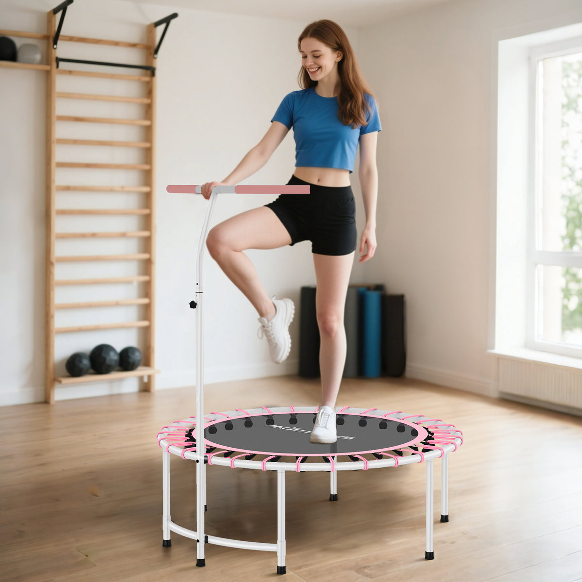 Trampolim de Fitness Adultos Ø102 cm Mini Trampolim Fitness com Pega Ajustável de 5 Níveis Estrutura em Aço para Treino de Pernas Corpo em Casa Escritório Ginásio Rosa — foto 2