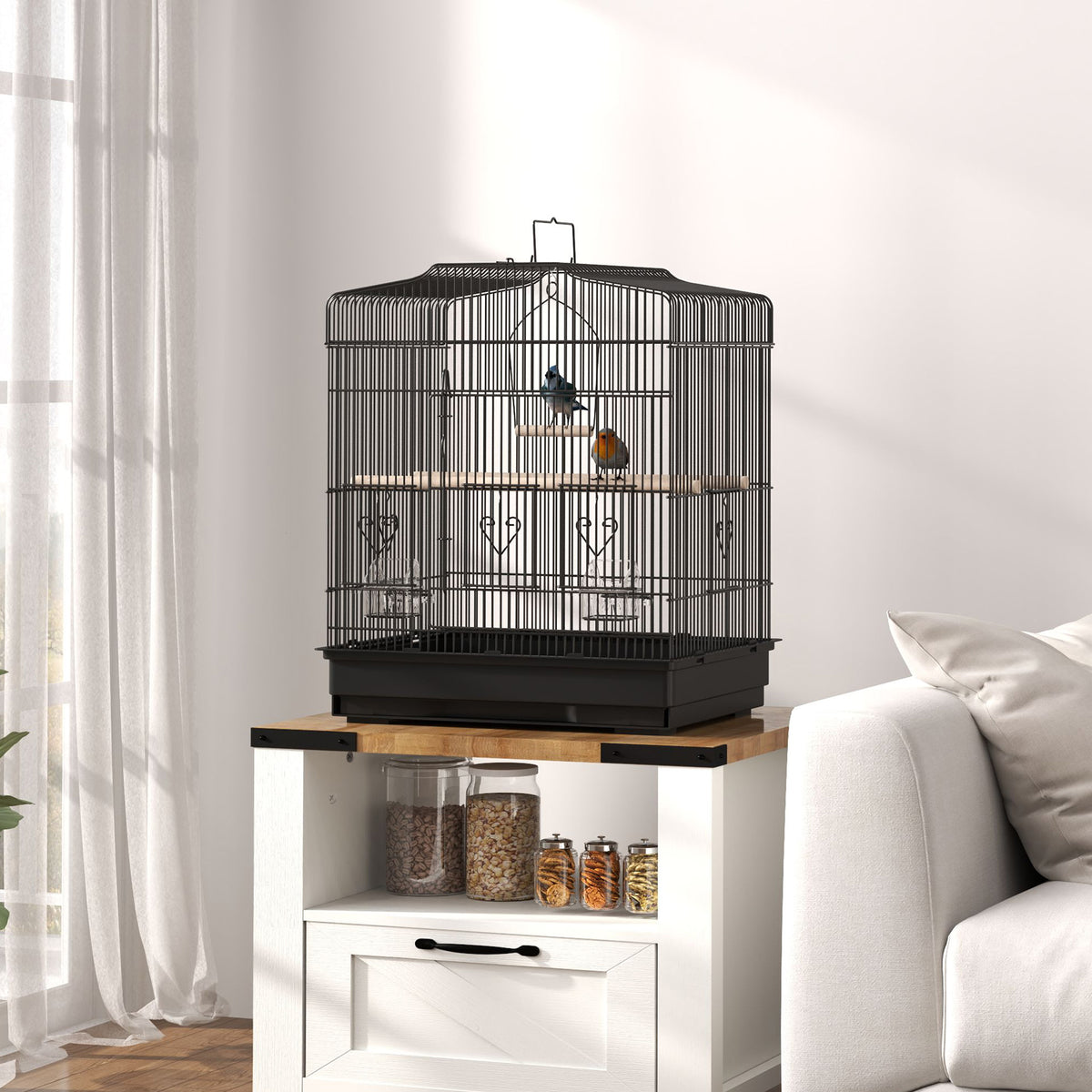 Gaiola para Pássaros 46,5x36x59 cm Gaiola de Metal para Pássaros com Portas 2 Comedouros 2 Poleiros Baloiço Bandeja Amovível e Pega de Transporte para Canário Periquito Preto — foto 2