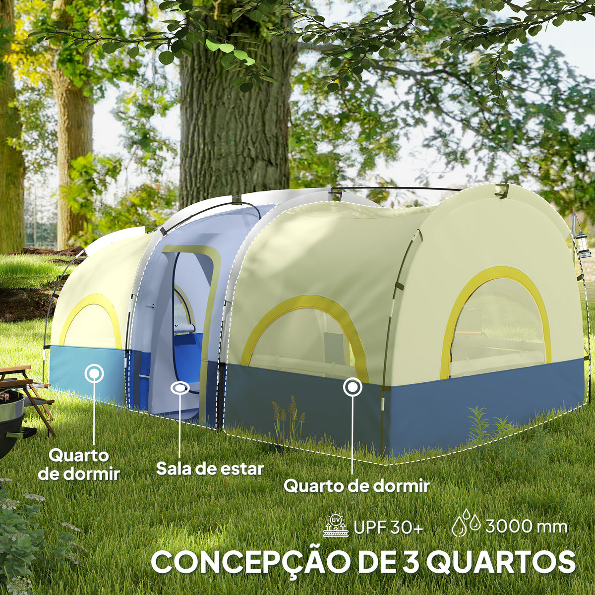Tenda de Campismo Familiar Tipo Túnel Tenda para 4-6 Pessoas Impermeável 3.000 mm Tenda de Campismo Dobrável com 2 Quartos e Saco de Transporte 435x251x195 cm Azul e Cinzento — foto 4