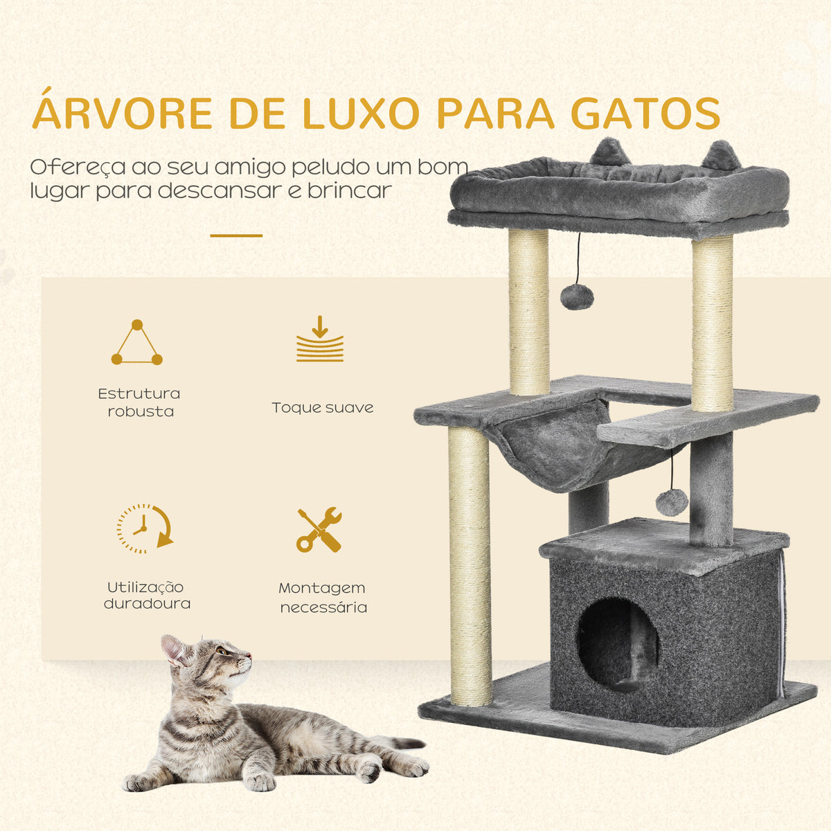 Arranhador para Gatos Altura 90 cm Torre para Gatos de 3 Níveis com Caverna Rede Plataforma Bolas Suspensas e Poste de Sisal 48x48x90 cm Cinza — foto 4