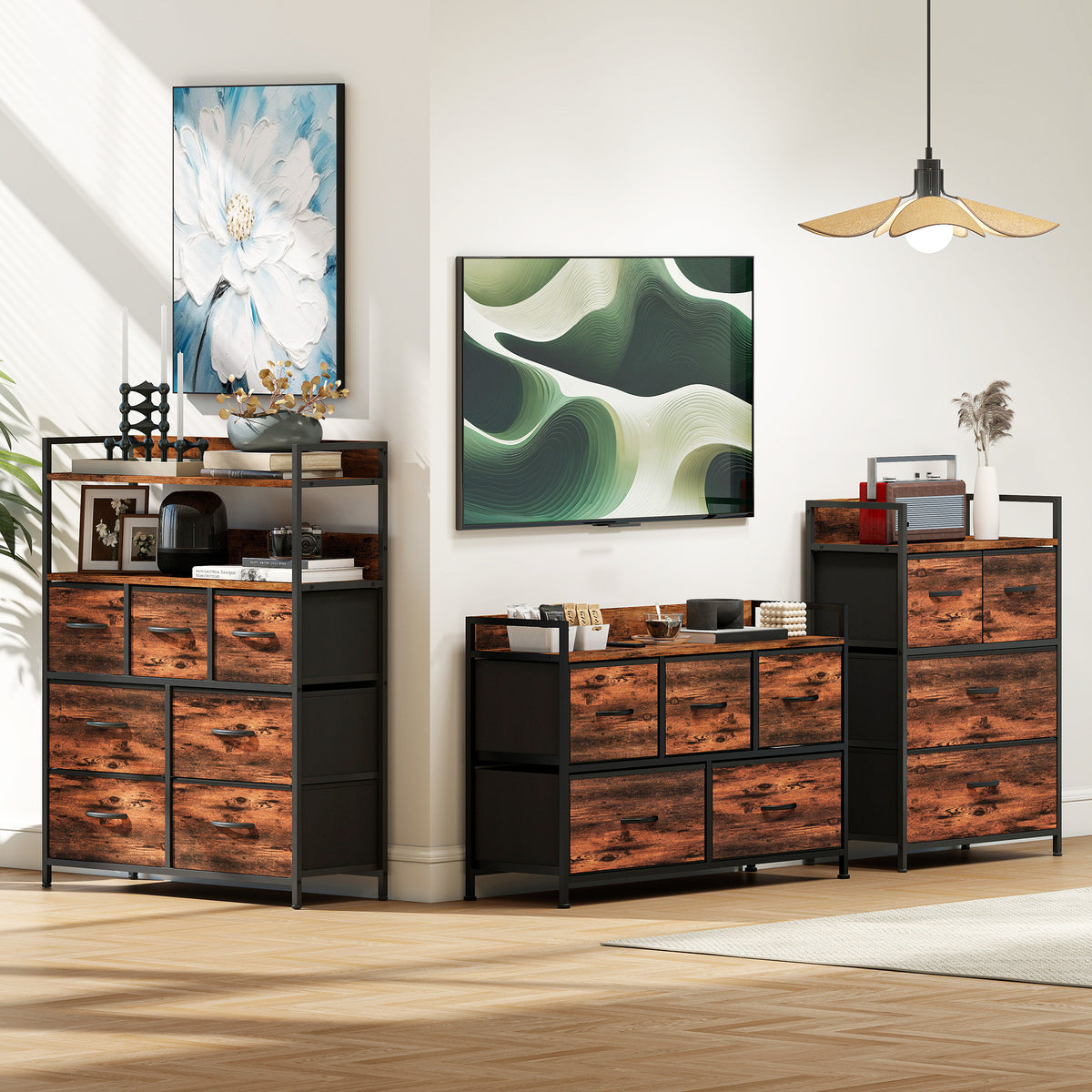 Cómoda com 5 Gavetas de Tecido Cómoda de Estilo Industrial com Estrutura Metálica para Sala de Estar Entrada Quarto 98x29x63 cm Castanho Rústico — foto 8