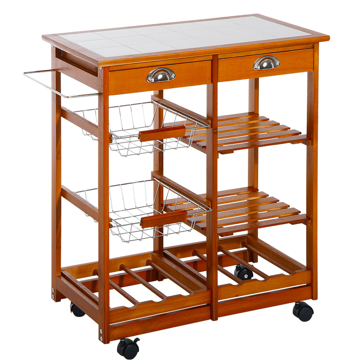 Carrinho de Cozinha Multifuncional Carrinho Auxiliar de Madeira com Grande Espaço de Armazenamento Gavetas Cestas Prateleiras 4 Rodas 74x37x76 cm Madeira — foto 1