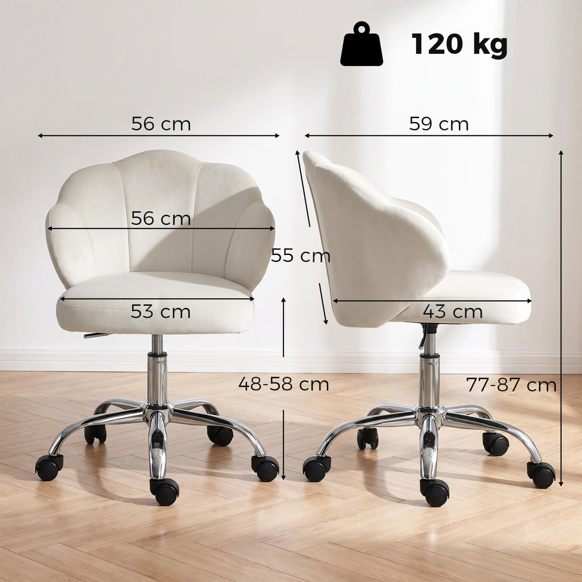 Cadeira de Escritório Design Pétala em Veludo com Rodas Giratórias e Altura Regulável, Creme — foto 2