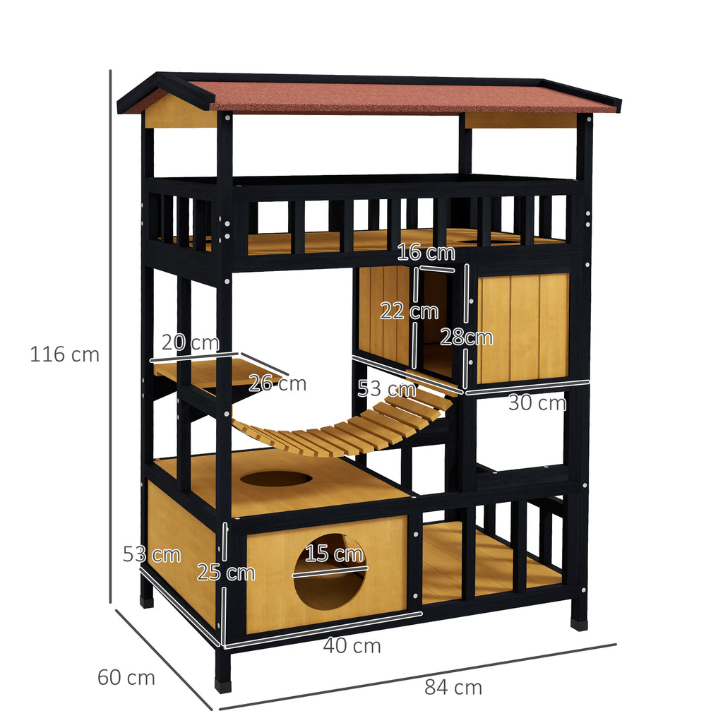 Casa para Gatos de Madeira 84x60x116 cm Abrigo para Gatos de 4 Níveis para Exterior com Ponte Suspensa Varanda e Telhado Asfáltico Natural — foto 3